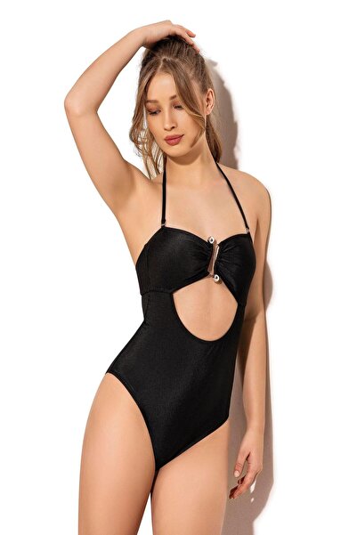 Endeep Kadın Aksesuarlı Fitilli Straplez Siyah Mayo