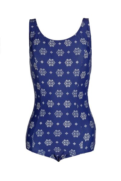 Endeep Beria Women's Large Size Cuped Blue and White Patterned Swimsuit