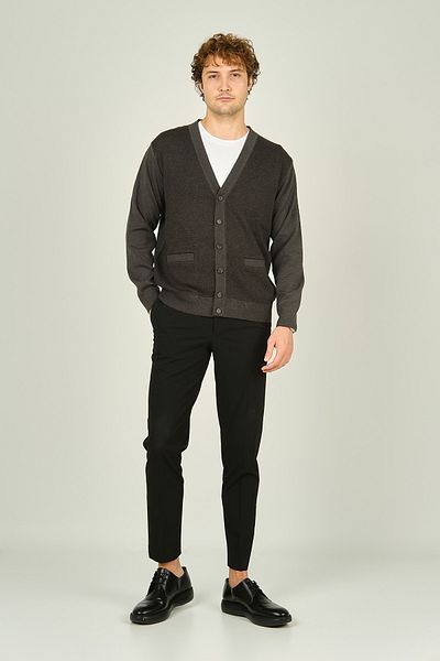 Ateş Triko Men's Pocket Detailed V-Neck Wool Cardigan 4490 Dark Gray