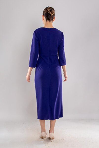 AYHAN 61923 Kollu Bisiklet Yaka Yandan Büzgülü Uzun Krep Elbise