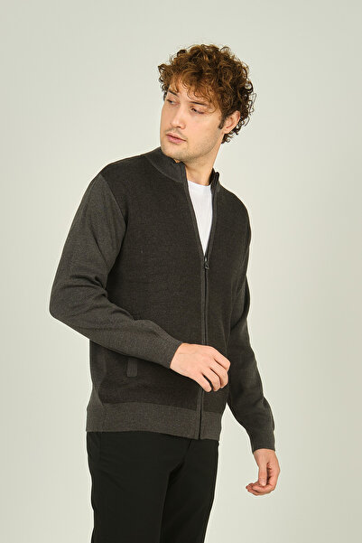 Ateş Triko Men's Zippered Pocket Detailed High Collar Wool Cardigan 4491 Dark Gray