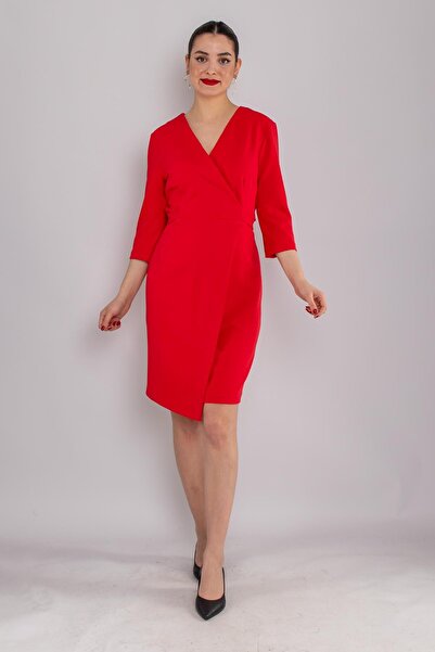 AYHAN 61988 Kruvaze Yaka Kuşaklı Kısa Krep Elbise