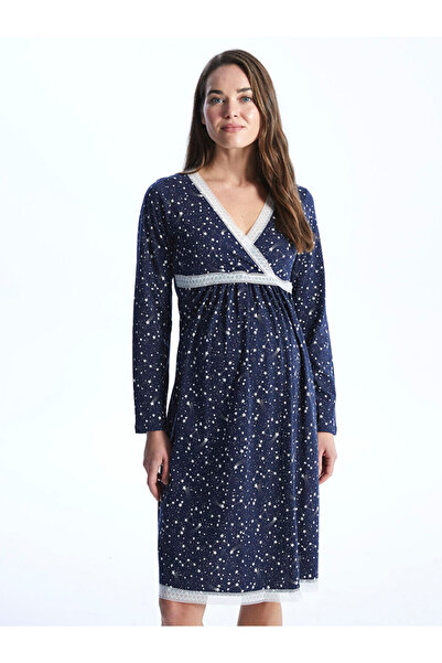 LC Waikiki Navy Blue Double-Breasted Collar Patterned Long Sleeve Maternity Nightgown