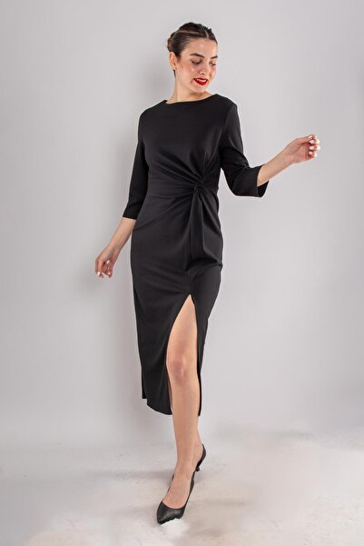 AYHAN 61923 Kollu Bisiklet Yaka Yandan Büzgülü Uzun Krep Elbise