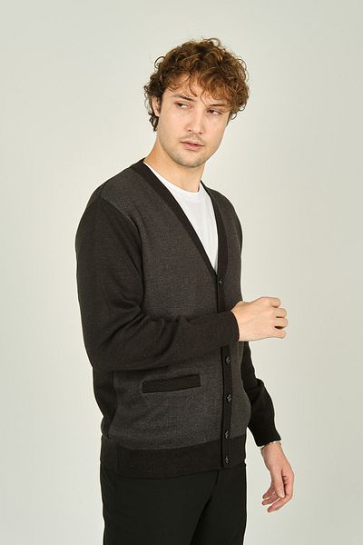 Ateş Triko V-Neck Smoked Men's Wool Cardigan - 4490 with Pocket Detail