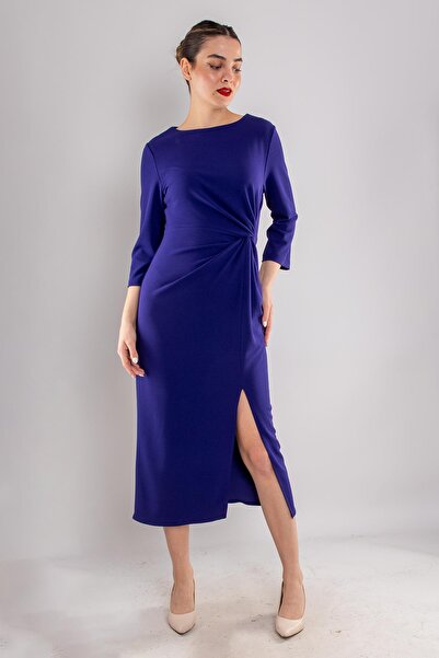 AYHAN 61923 Kollu Bisiklet Yaka Yandan Büzgülü Uzun Krep Elbise