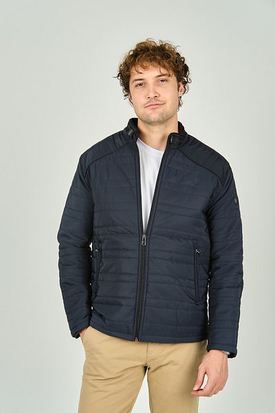 LUCAS Men's Stand Collar Leather Piping Quilted Coat 4706 Navy Blue