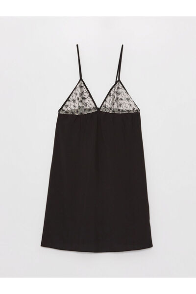 LC Waikiki Black V-Neck Patterned Strap Satin Women's Nightgown