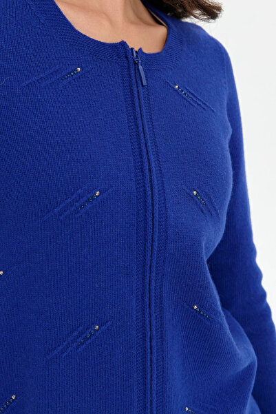 Desen Triko Women's Seamless Wool Cardigan with Stone Detail - Zero Collar, Zippered, K.saks