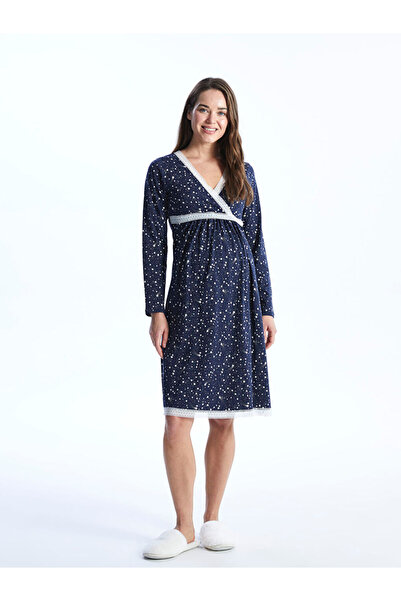 LC Waikiki Navy Blue Double-Breasted Collar Patterned Long Sleeve Maternity Nightgown
