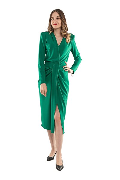 AYHAN 61651 Kruvaze Yaka Önü Geçmeli Krep Elbise