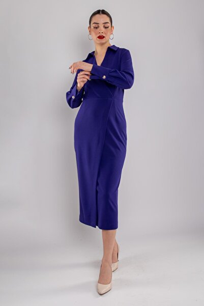 AYHAN 61924 Kruvaze Yakalı Uzun Krep Elbise