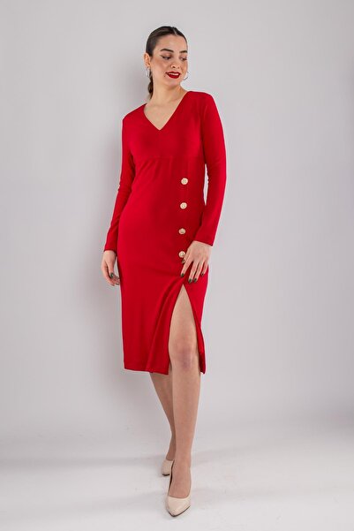 AYHAN 61656 Vyaka Uzun Kol Gold Düğmeli Krep Elbise