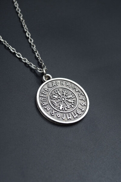 Had Safha Vegvisir Viking Pusula Gümüş Kaplama Unisex Düz Zincir Kolye kod 708
