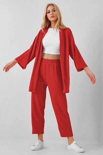 SUHIS Red Kimono Trousers Knitted Set