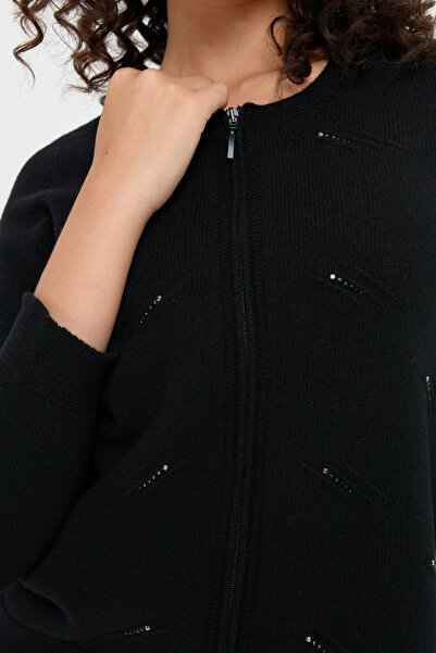 Desen Triko Women's Zero Collar Seamless Jewelled Front Zippered Wool Cardigan Black
