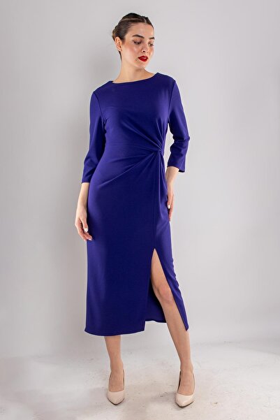 AYHAN 61923 Kollu Bisiklet Yaka Yandan Büzgülü Uzun Krep Elbise