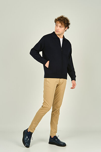 Ateş Triko Чоловічий трикотажний вовняний пальто з блискавкою та двома кишенями 0103 Синій