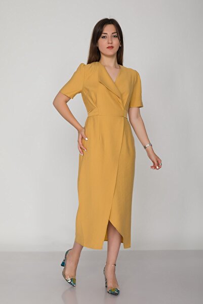 AYHAN 61621 Kruvaze Yaka Kuşaklı Yırtmaçlı Keten Kısa Kol Elbise