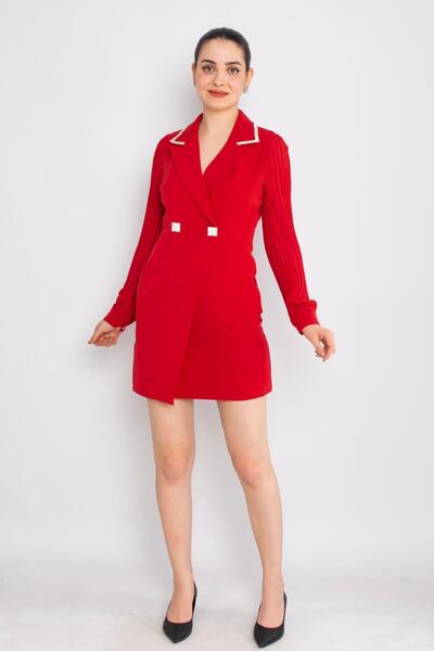 AYHAN 61992 Akordion Kol Yaka Taş Detay Kısa Krep Elbise