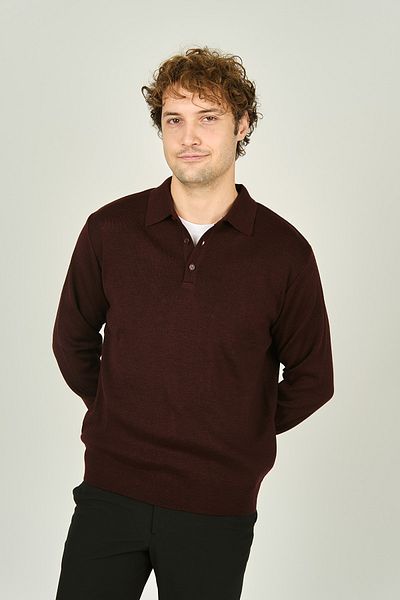Ateş Triko Men's Polo Collar Buttoned Wool Sweater 6091023   K.Burgundy