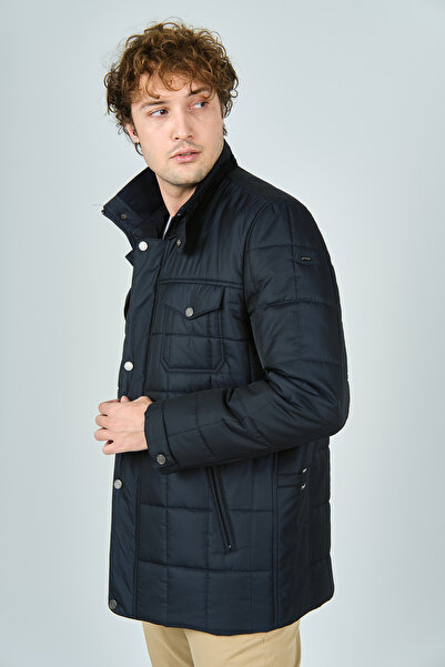 LUCAS Men's Stand Collar Long Quilted Coat with Pocket Detail 4775 Navy Blue