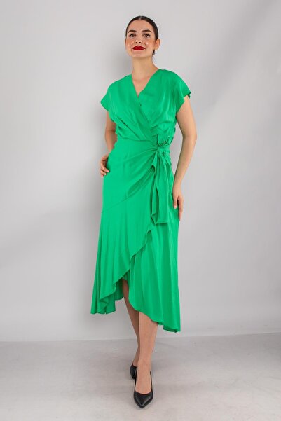 AYHAN 61878 Kruvaze Yaka Yandan Beli Bağlamalı Astarlı Midiboy Elbise