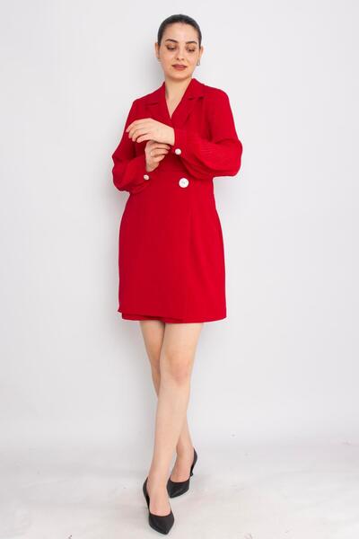 AYHAN 61891 Pilise Kol Kruvaze Yaka Broş Detay Kapaklı Kısa Krep Elbise