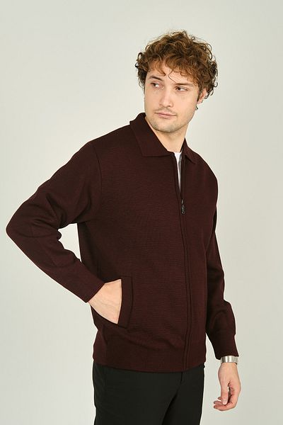 Ateş Triko Men's Zippered Double Pocket Knitwear Wool Coat 0103 Claret Red