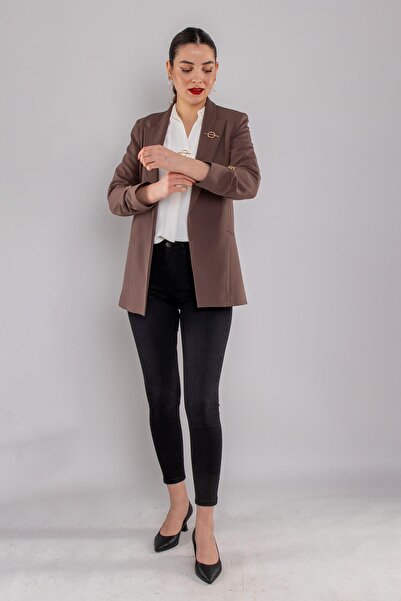 AYHAN 90503 Brooched Gathered Sleeve Lined Blazer Jacket