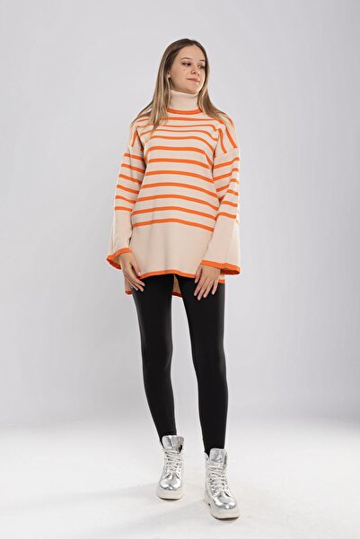 Qu Style 22215 Balıkçı Yaka Çizgili Yanı Yırtmaçlı Tunik Kadın Kazak