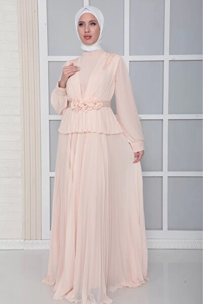 lodmela Omuz Ve Kemer Detaylı Pliseli Tesettür Abiye Elbise 816-Pudra