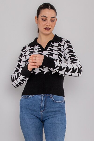Sementa 32408 Patlı Polo Yaka Kazayağı Desenli Triko Kazak