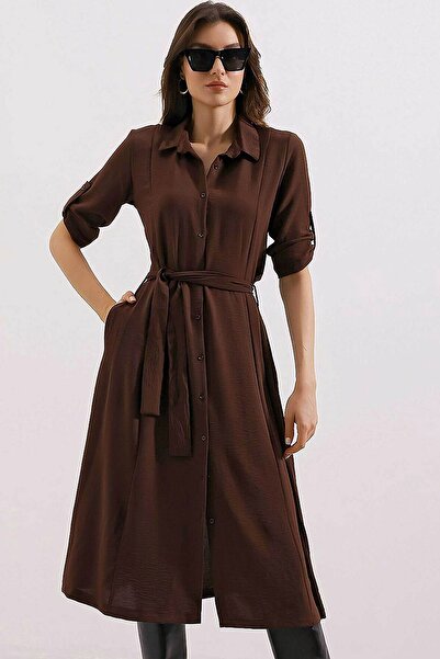 Ottawe Gömlek Yakalı Katlanabilir Uzun Kollu Kuşaklı Düğme Kapamalı İki Cepli Diz Altı Midi Gömlek Elbise