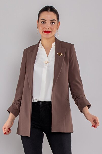 AYHAN 90503 Brooched Gathered Sleeve Lined Blazer Jacket