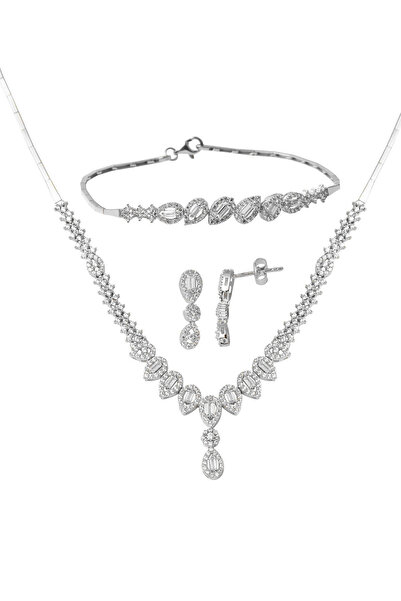 Bilezikci Damla Baget Taşlı Beyaz Altın Takı Seti