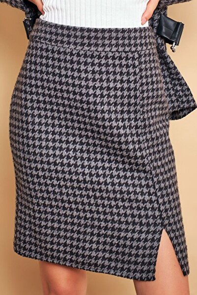 Ottawe Fermuar Kapamalı Yüksek Belli Kazayağı Desen Bacak Yırtmaçlı Kalın Kış...