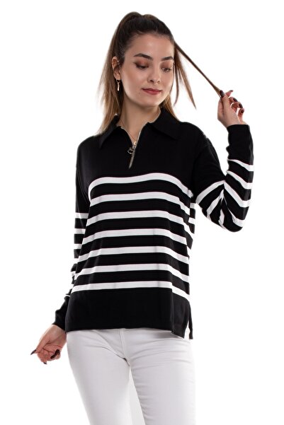 Jm Triko 760 Tricotaj pentru femei cu guler polo, cu fermoar și cu dungi merc...