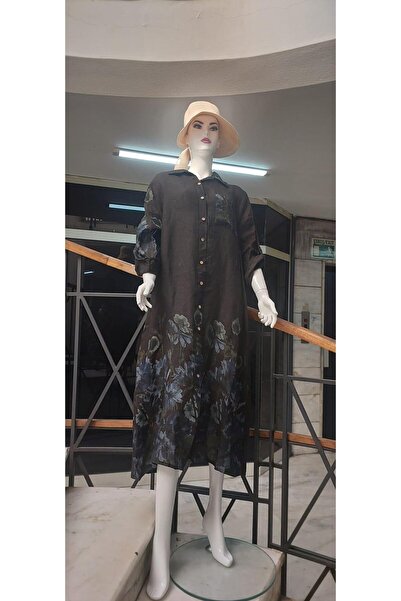 Bohem Stil Rochie și șapcă cămașă de in cu imprimeu digital cu flori lungi it...