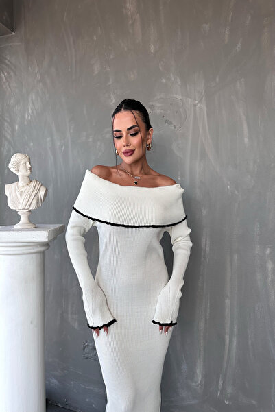 kamacibutik Πλεκτό φόρεμα Madonna Collar με ραβδώσεις