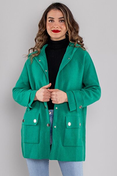 Sementa 34244 Kapüşonlu Cepli Gold Düğme Yünlü Kadın Triko Ceket