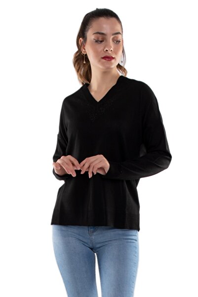 Sementa 32428 Yakası Kol Ucu Taş Ucu Ve Taş Detaylı Dökümlü Kadın Triko Kazak