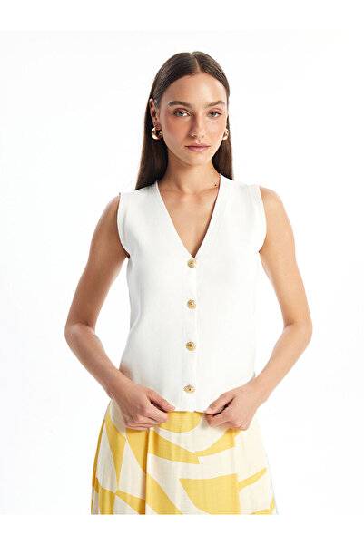 LC Waikiki Ecru V-Neck Women's Knitwear Vest