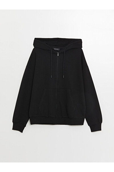 LC Waikiki Siyah Kapüşonlu Düz Oversize Kadın Fermuarlı Sweatshirt