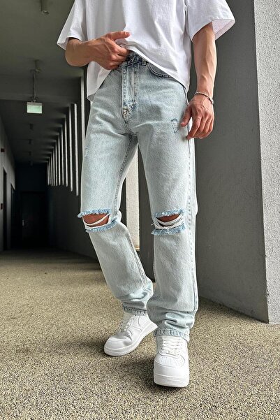 HAFKAGİYİM Buz Mavi Dizi Yırtık R4 DL Baggy Pantolon