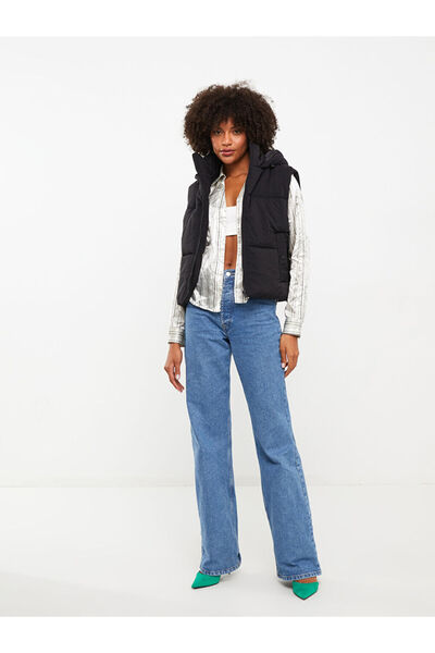 LC Waikiki Black Women's Hooded Plain Puffer Vest