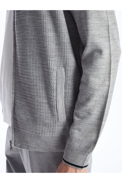 LC Waikiki Gray Standard Pattern Stand Collar Men's Knitwear Cardigan