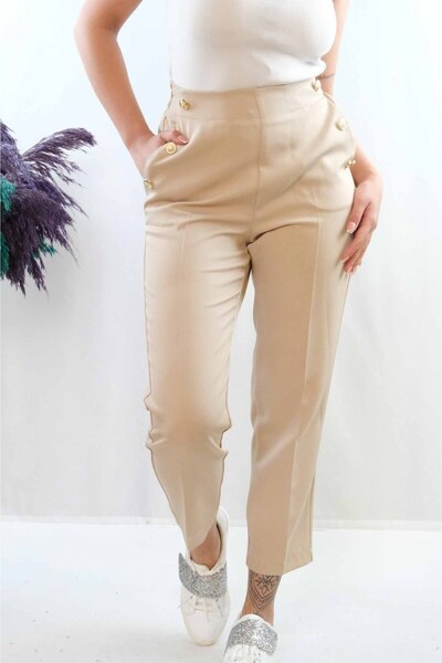 Mestore Fashionable Striped High Waist Trousers with Button Accessories Beige