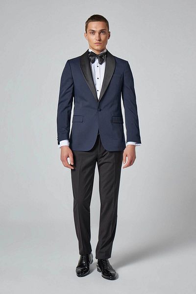 D'S Damat Slim Fit Navy Blue Patterned Groom Suit & Tuxedo Suit