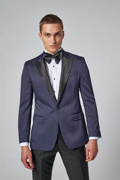 D'S Damat Slim Fit Navy Blue Dobby Groom Suit & Tuxedo Suit